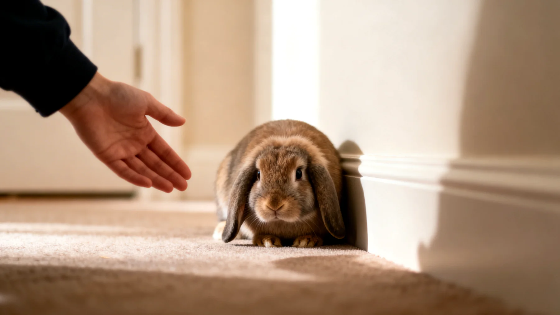 Kaninchen zeigen nach der Adoption oft Unsicherheit und Angst vor dem neuen Besitzer und der ungewohnten Umgebung, was die Eingewöhnung und den Vertrauensaufbau erschwert"